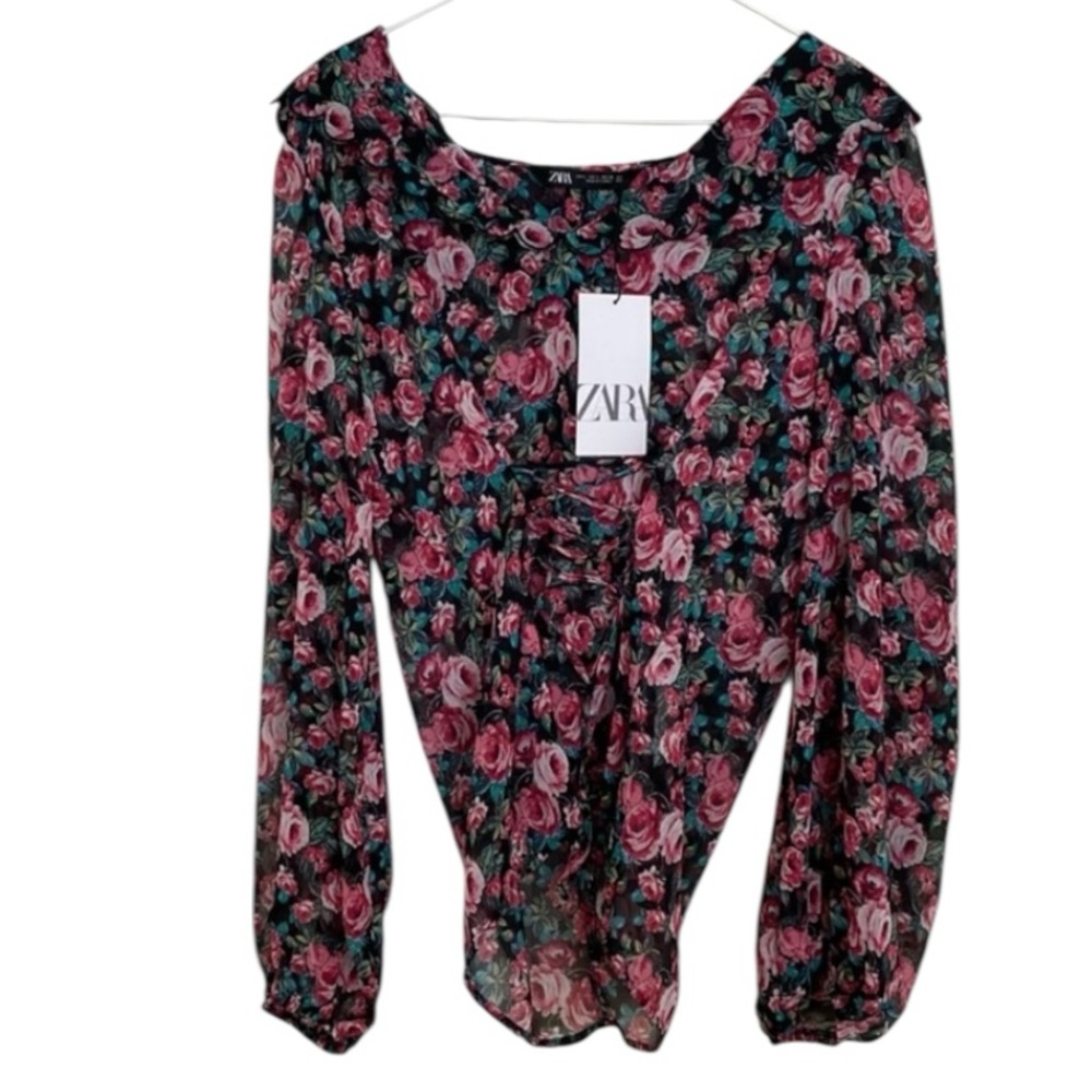 Zara Floral Sheer Corset Tie Ruched Blouse Long Sleeve Size S NWT Cottagecore - Picture 7 of 8
